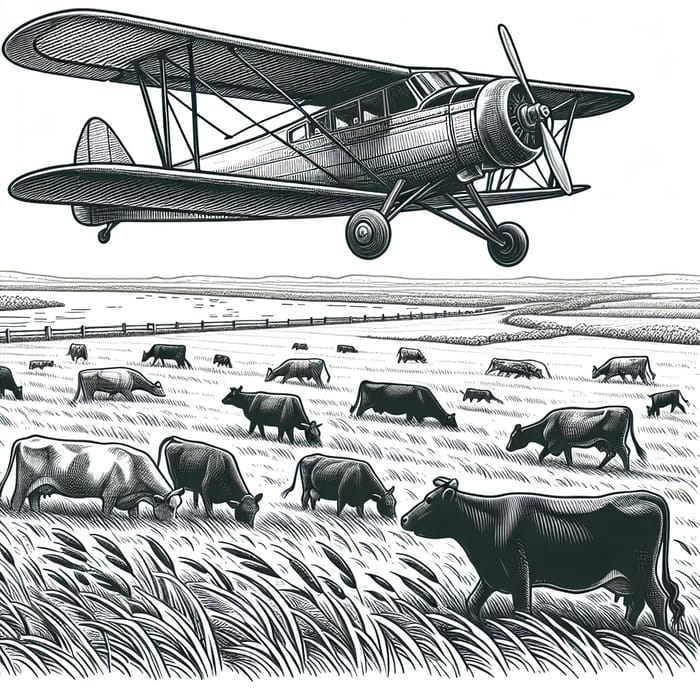 Vintage Airplane Over Cows in Pasture Line Drawing Vintage Airplane Over Cows in Pasture Line Drawing