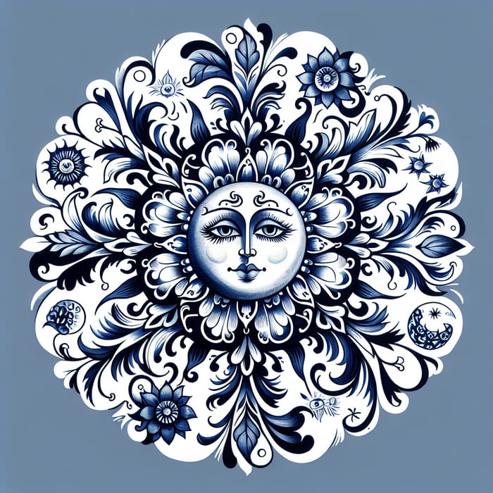 Melancholy Sun in Gzhel Style - Traditional Russian Folk Art Inspired