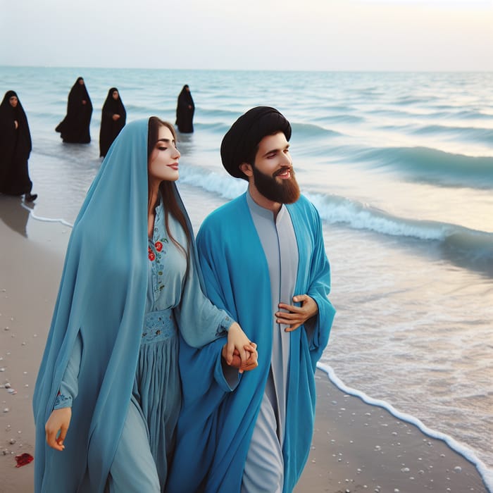 Shiite Cleric and Unveiled Girl by Caspian Sea - Romantic Moment