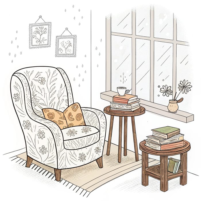 Cozy Reading Nook Line Illustration