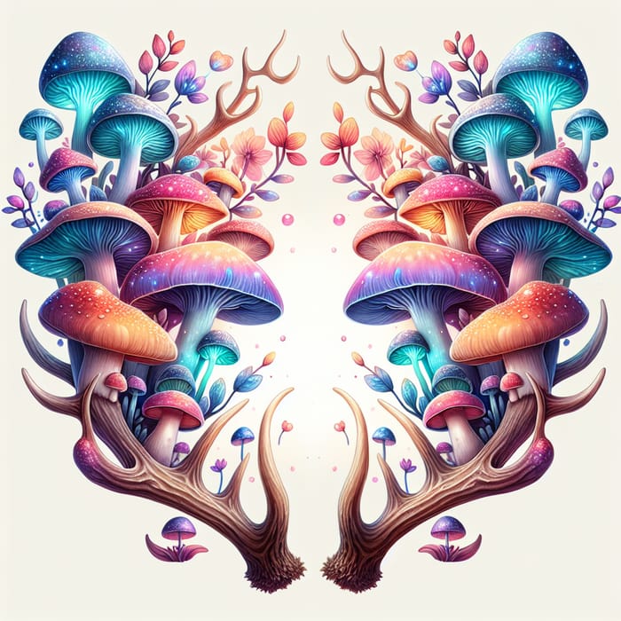 Enchanting Deer Antlers with Whimsical Mushrooms