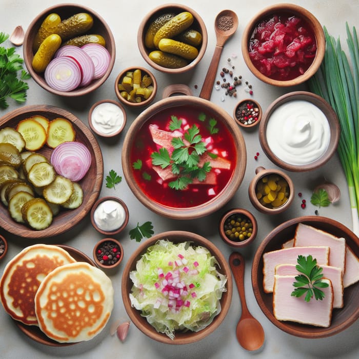 Traditional Ukrainian Cuisine on Wooden Tableware - Top View