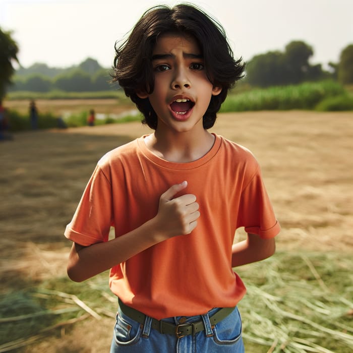 Young Boy Conversing Outdoors | Bright Orange Shirt, Blue Jeans