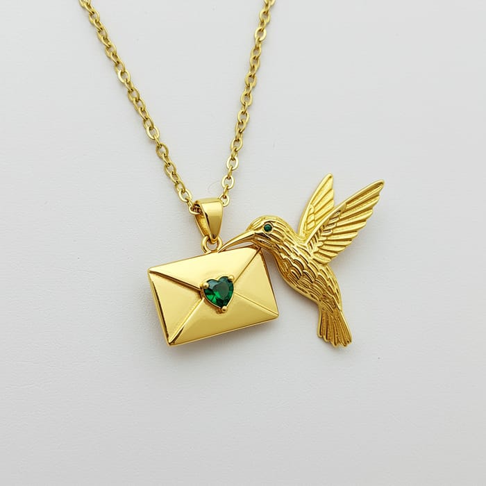 Gold Hummingbird Necklace with Emerald Heart Pendant Gold Hummingbird Necklace with Emerald Heart Pendant