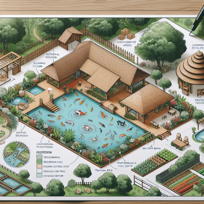 Nature-Inspired Floor Plan: Fishpond, Receiving Area, Souvenir Shop, Training Center, Tree House, Nipa Hut, Wellness Spa, Restaurant