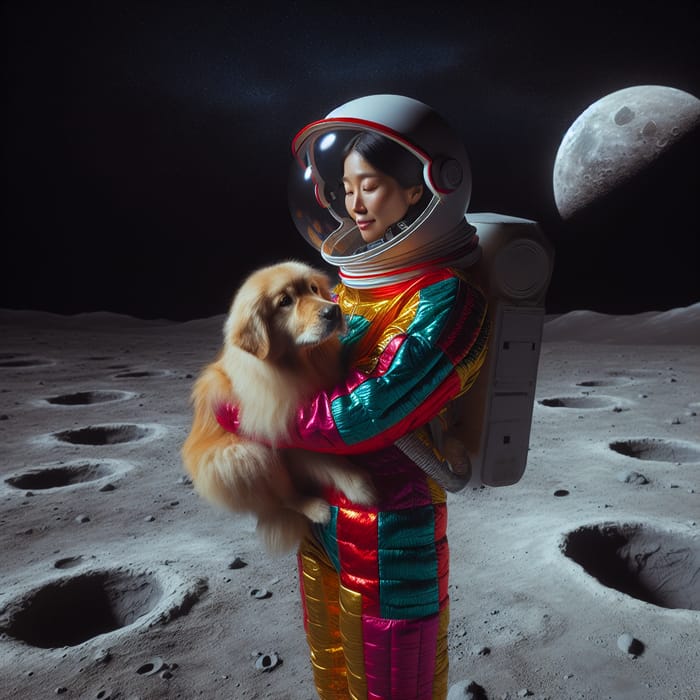 Woman Holding Dog on Moon