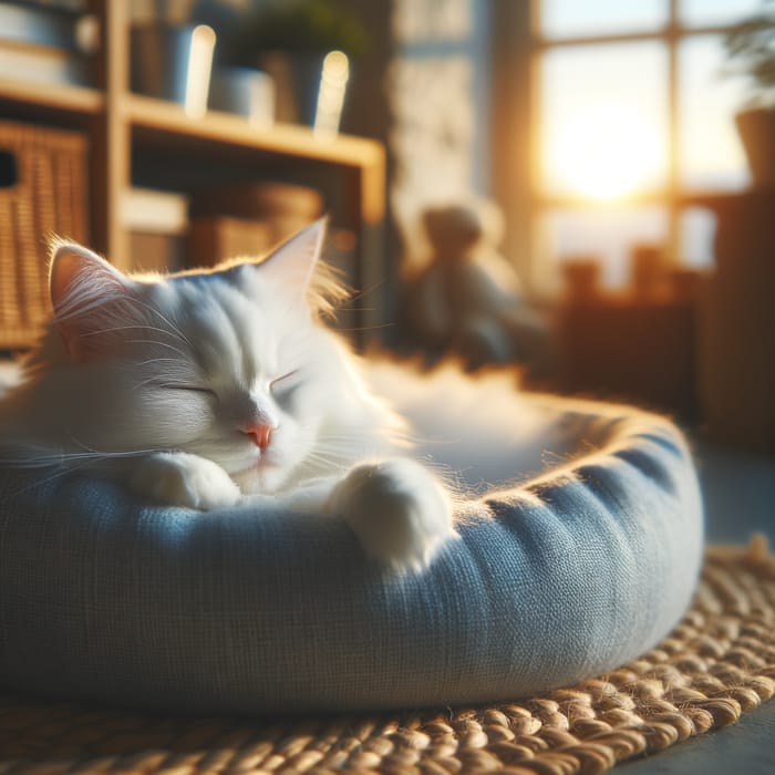 Tranquil Morning Setting with White Cat Sleeping Indoors