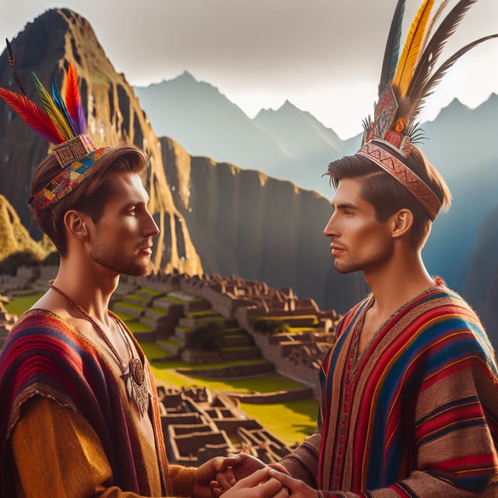 Romantic Incan Men in Machu Picchu at Sunset