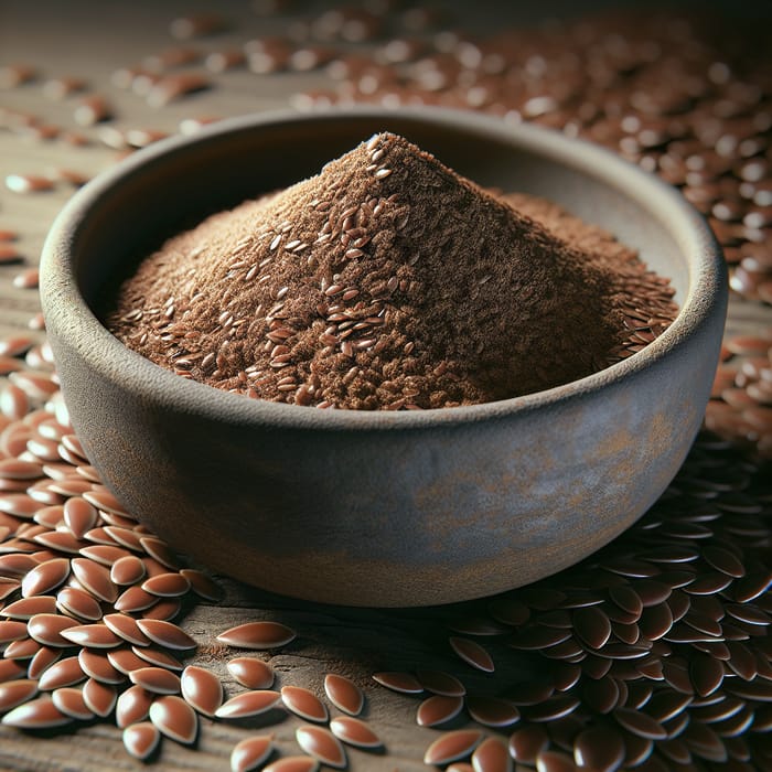 Flaxseed Powder in Rustic Ceramic Bowl