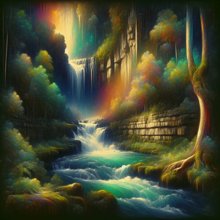 Enchanted Waterfall in Mystical Forest - Ethereal Mixed Media Art