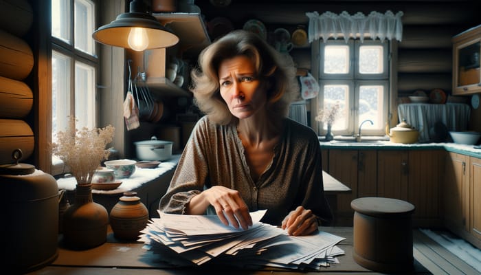 Portrait of a 45-Year-Old Woman Struggling in a Traditional Russian Kitchen