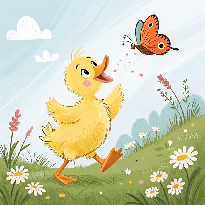 Playful Duckling and Vibrant Butterfly Scene