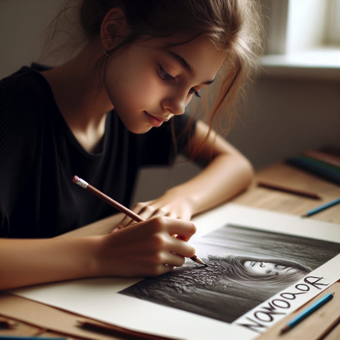 Teen Girl Drawing with Focused Expression | nomopa Signature Artwork