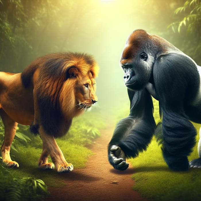 Majestic Lion and Gorilla Encounter in the Wild