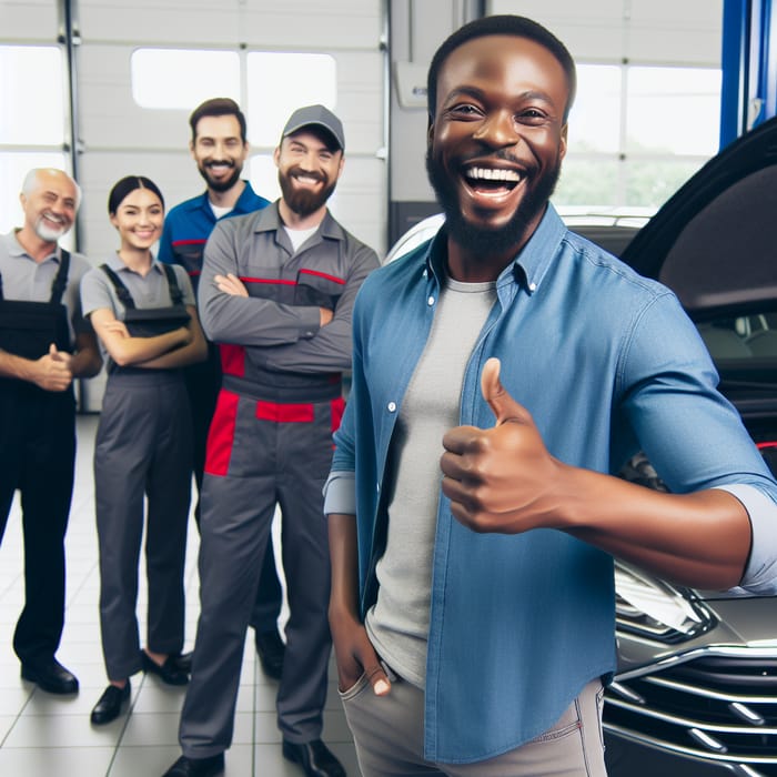 Happy Car Owner with Service Center Team | Quality Oil Change Service