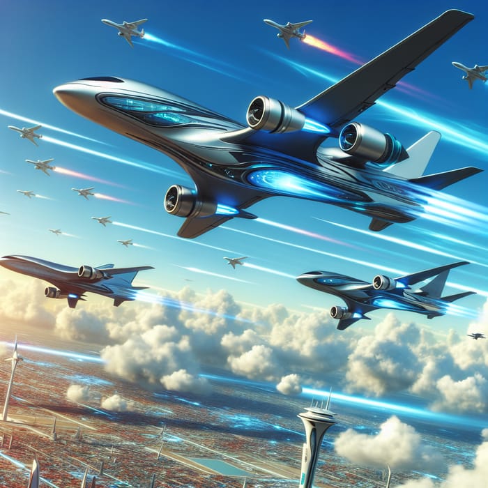 Futuristic Aircraft Designs in Aerial Cityscape