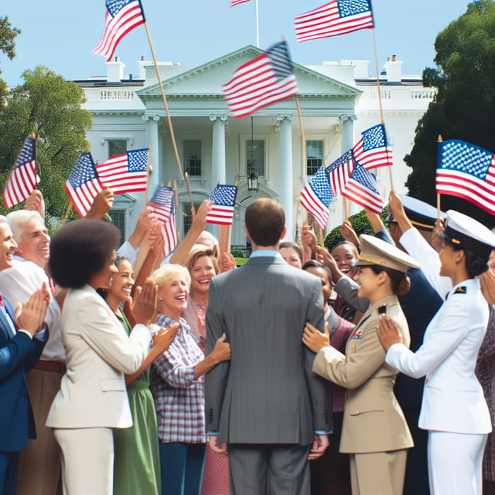 Person Welcomed by US Army at White House Surrounded by Flag-waving Crowd Celebrating