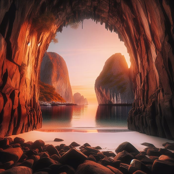 Serene Beach View Through Rocky Cliffs at Golden Hour