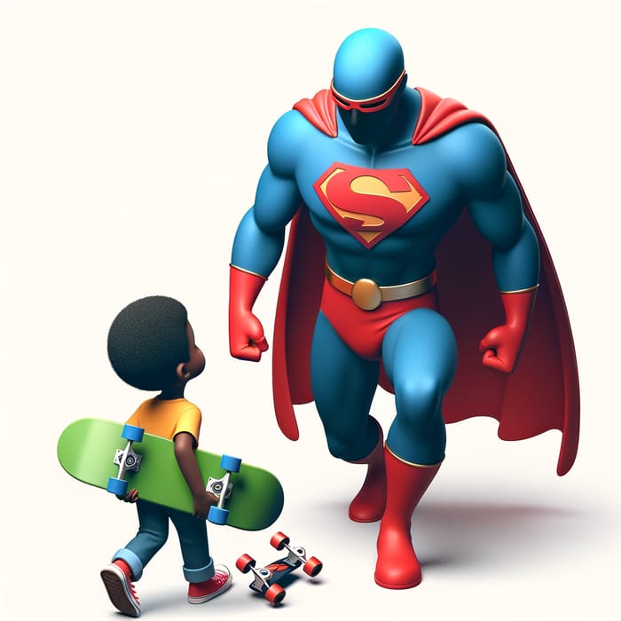 Superhero Superman Intervenes as Black Child Acquires Skateboard