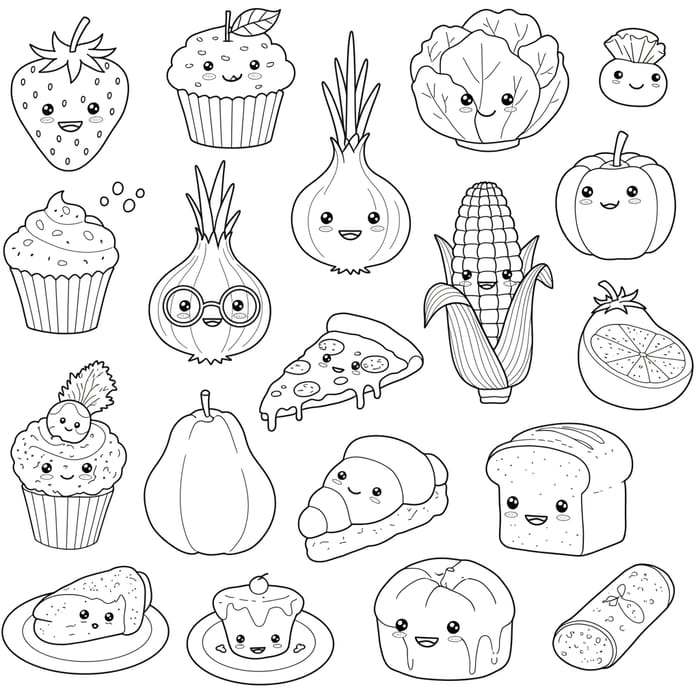 Cute Food Line Art for Coloring Book