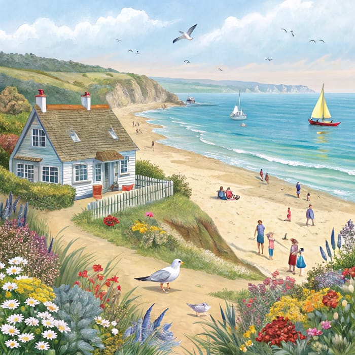 Charming Beach Cottage Scene with Birds & Sailboats