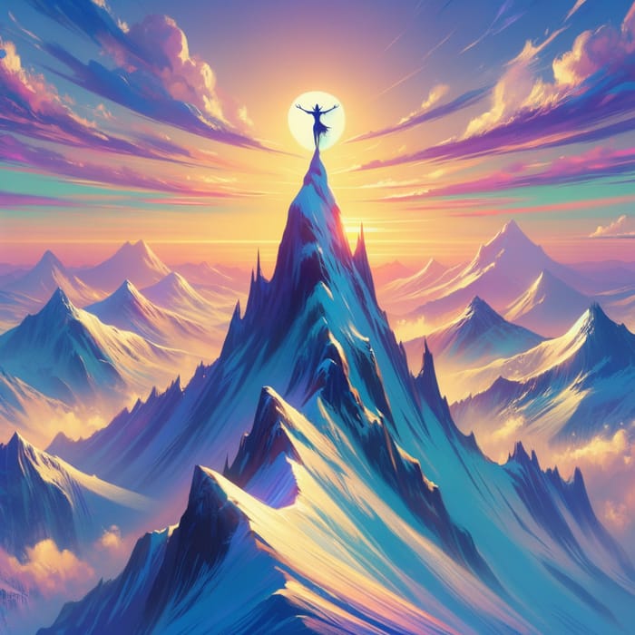 Majestic Snow-Covered Mountain Peak with Elf at Sunset