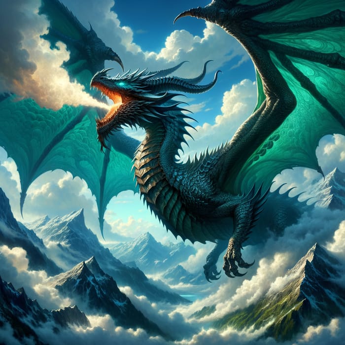 Majestic Dragon Soaring Over Emerald Mountains