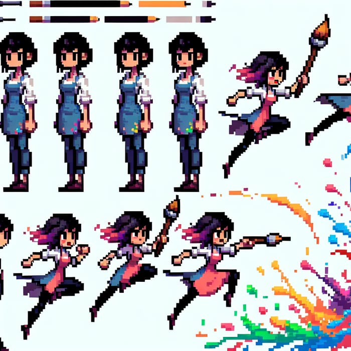 Female Artist Sprite Sheet: Pixel Art Game Brush Animations