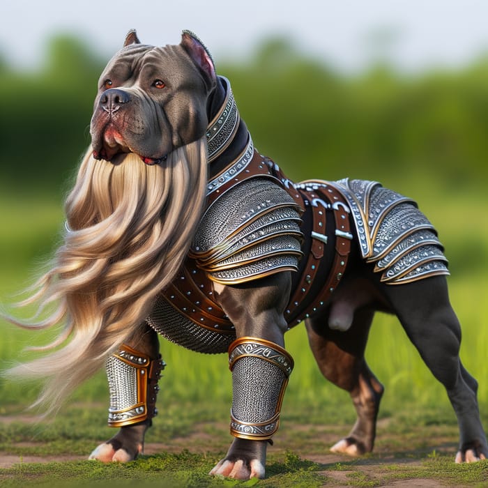 Sturdy Pitbull in Intricate Armor with Long Beard