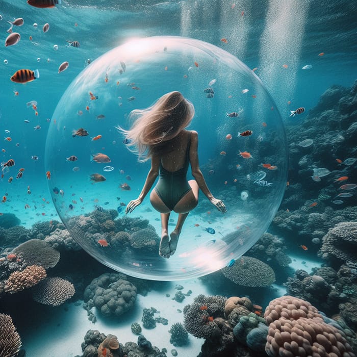 Woman Exploring Underwater Paradise in Bubble