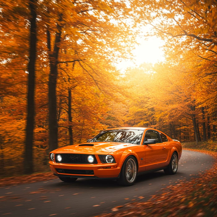 Orange Mustang GT Speeding Through Autumn Forest