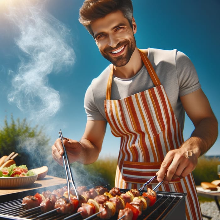 Happy Man Cooking Meat Outdoors - BBQ Happiness