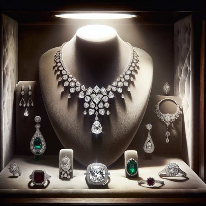 Exquisite Diamond Necklace, Emerald Earrings & Ruby Ring Display