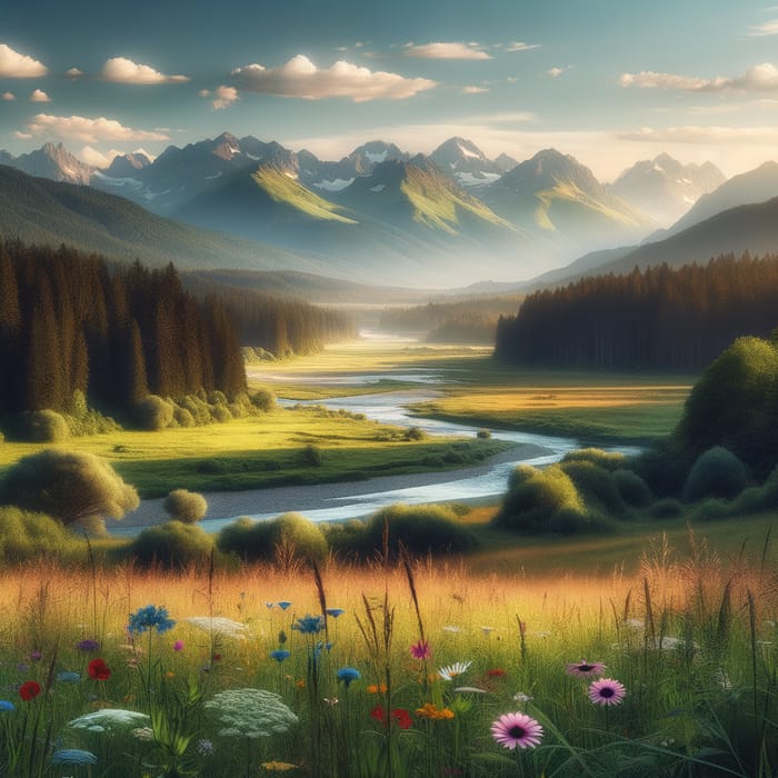 Picturesque Landscape Vista - River, Forest & Mountains