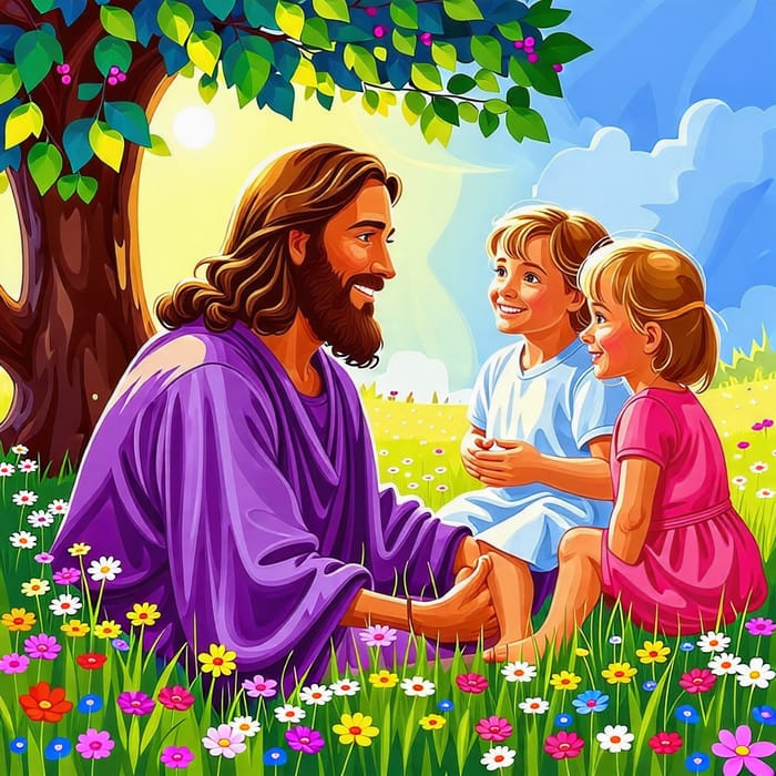 Jesus Christ Smiling Under a Colorful Tree