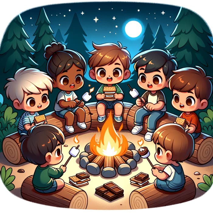 Brown Skin Tone Cartoon Kids Camping | Animated Smores Adventure