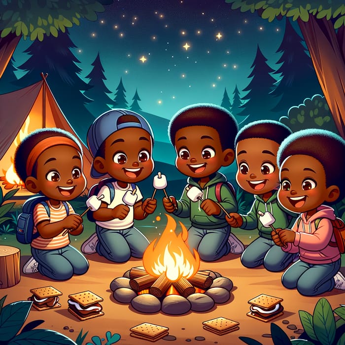 Animated African American Cartoon Kids Camping with Smores