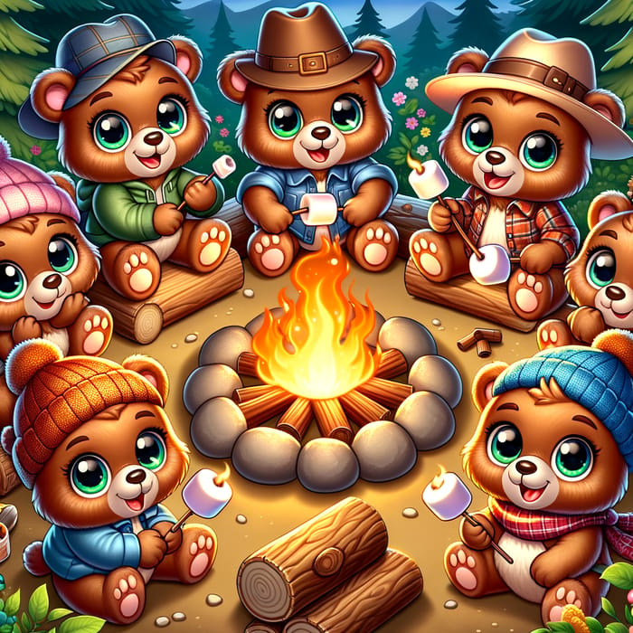 Cute Cartoon Brown Bears Roasting Marshmallows by the Campfire