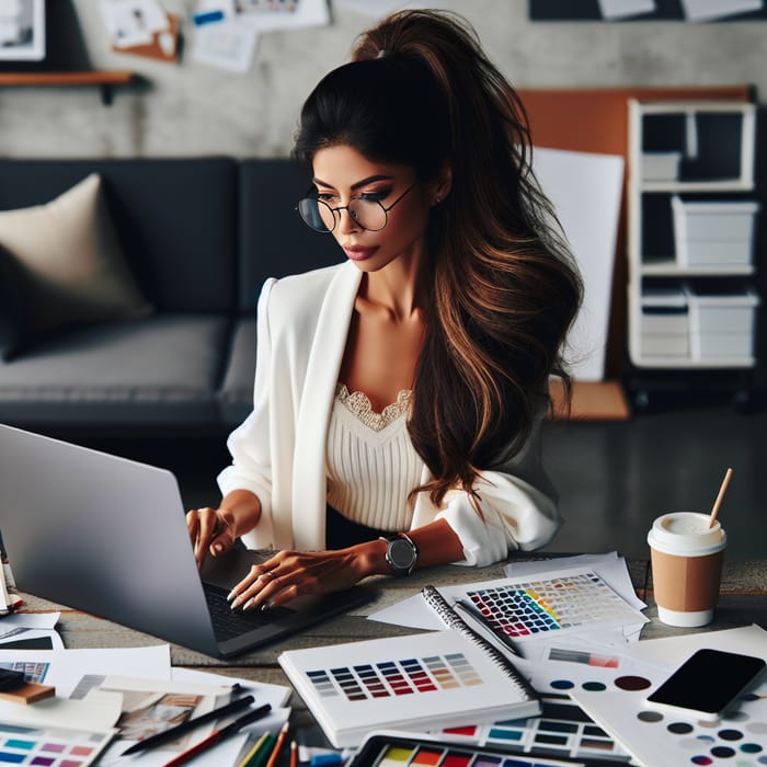 Elegant Designer Woman Creating on Laptop