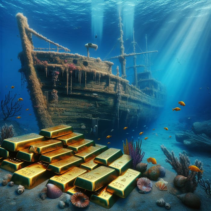 Gold Bars Next to Sunken Ship on Seabed