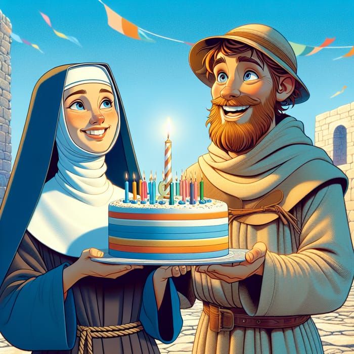 Joyful Birthday Scene with a Franciscan Nun and Jesus