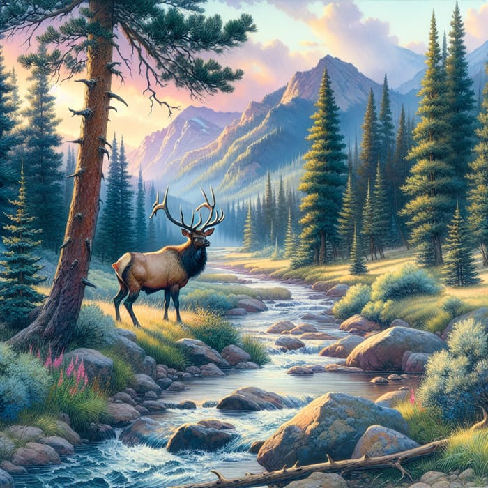 Powerful Bull Elk in Mountain Landscape with Stream and Pine Trees