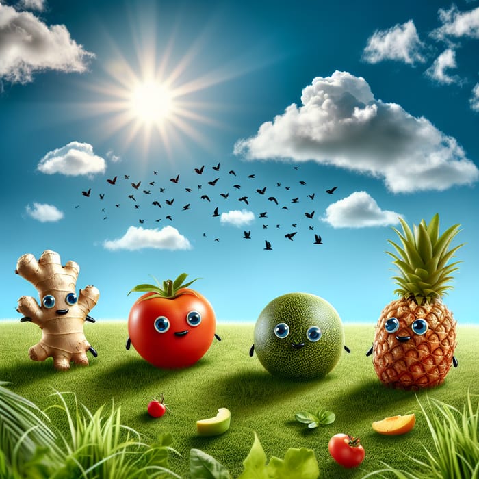 Fun Cartoon Characters: Ginger, Tomato, Melon, Pineapple