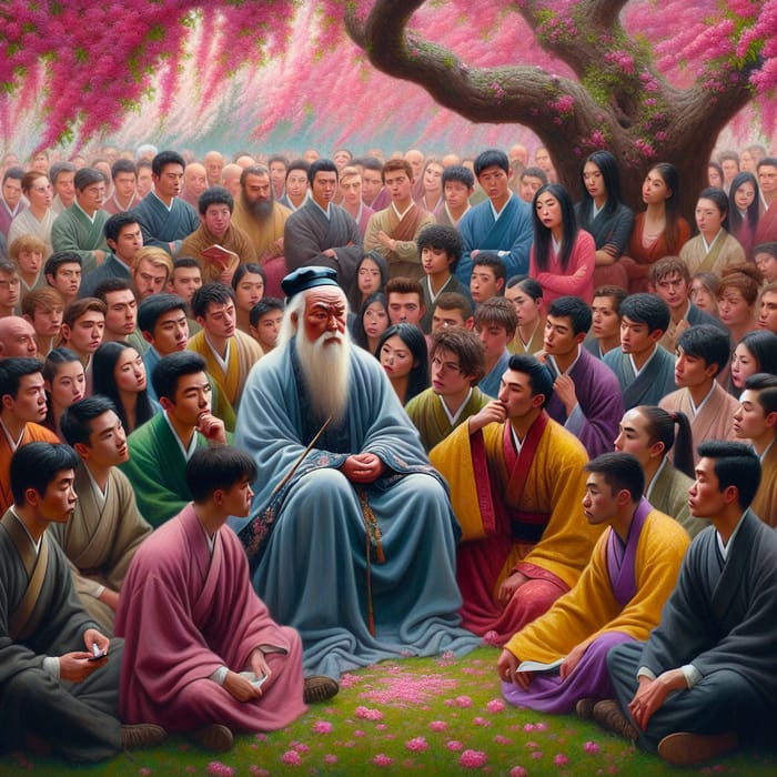 Confucius Teaching Group of Students under Blossoming Tree