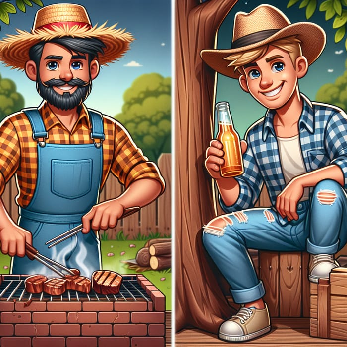 Cartoon Hillbillies BBQ Grilling & Drinking Beer Scene