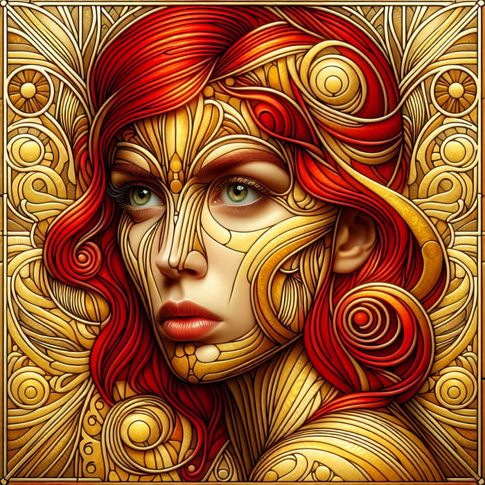 Captivating Woman with Vibrant Red Hair in Art Nouveau Style