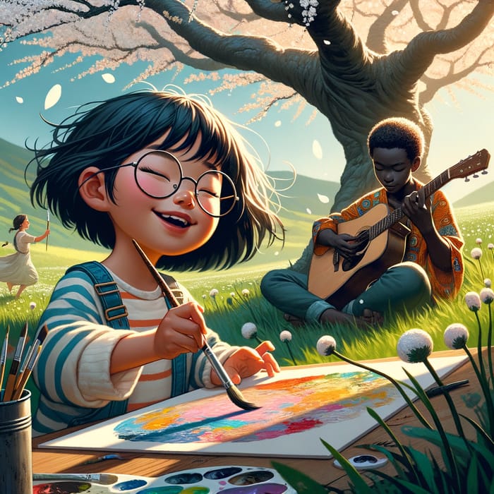 Girl Painting in Green Grass Field | Boy Playing Guitar