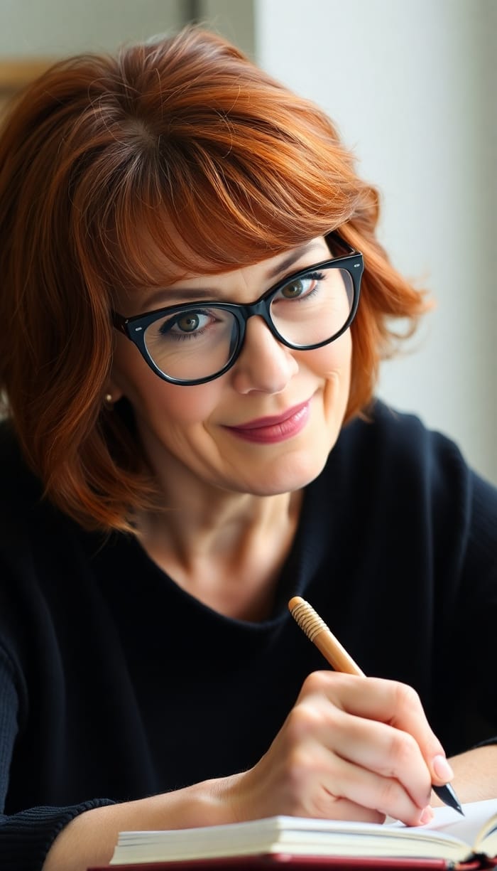 Charming Woman in Cat Eye Glasses Writing Notes