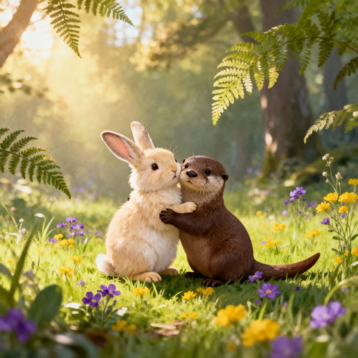 Whimsical Rabbit and Otter Embrace in a Forest Glade Whimsical Rabbit and Otter Embrace in a Forest Glade