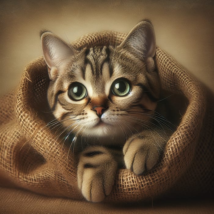 Curious Tabby Cat in Beige Burlap Bag